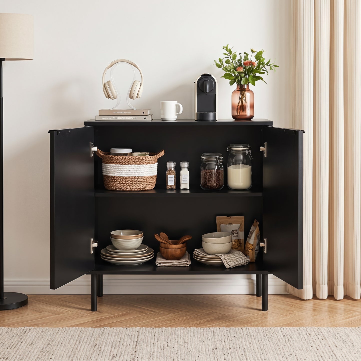 Fluted Buffet Cabinet with 2-Door Sideboard for Kitchen and Dining Room-Black