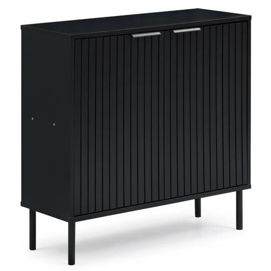 Black fluted buffet cabinet with two doors, perfect for kitchen and dining room storage, by Wilsons Home Store.