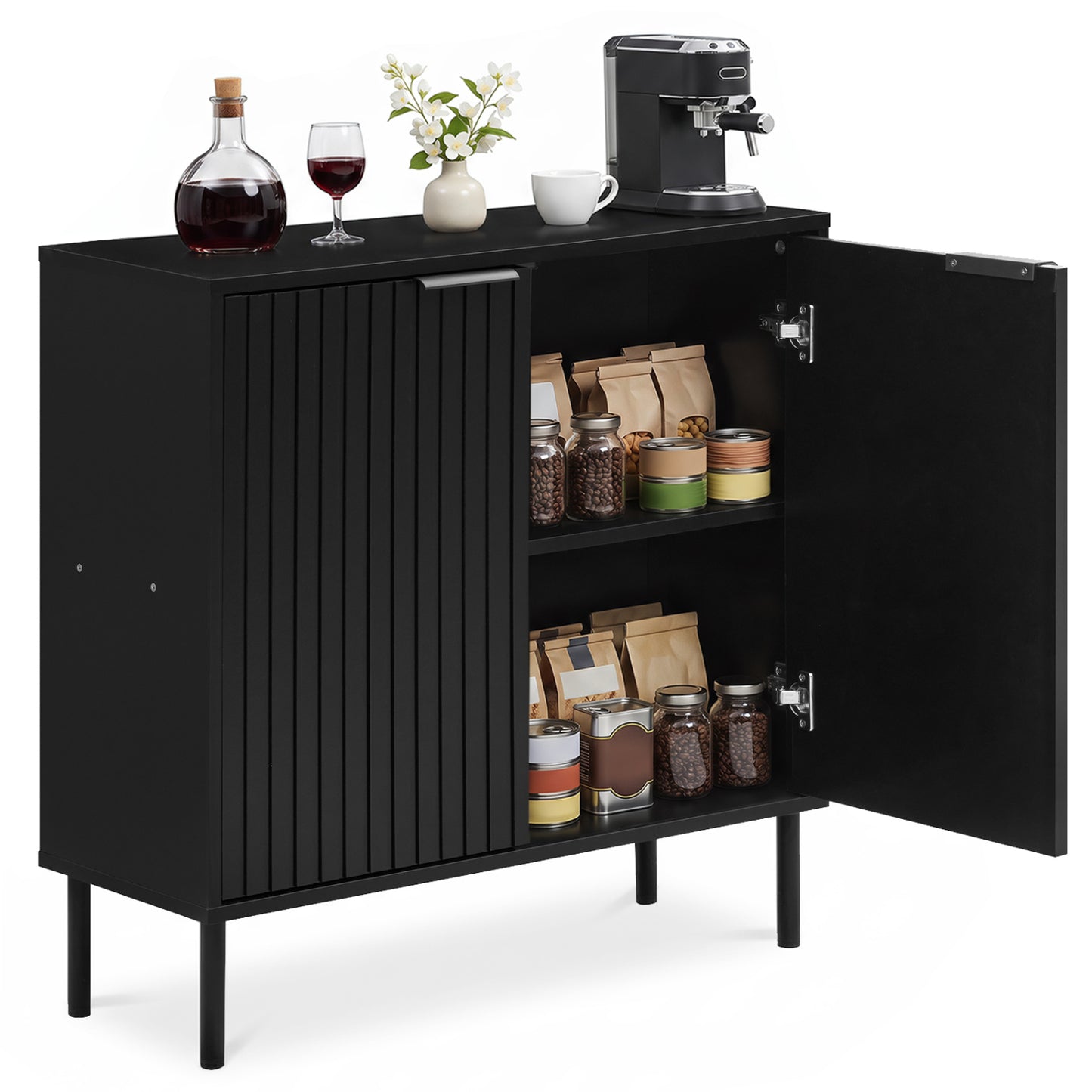 Fluted Buffet Cabinet with 2-Door Sideboard for Kitchen and Dining Room-Black