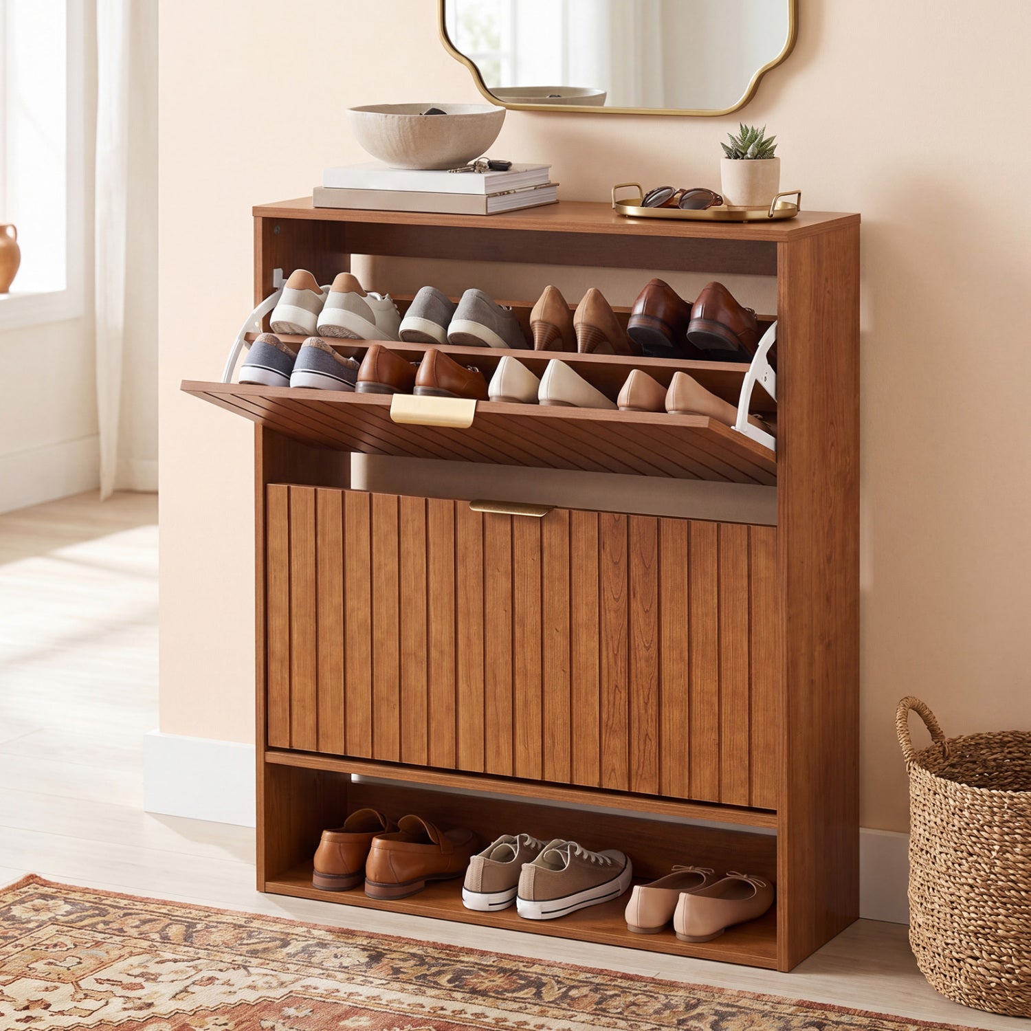 Walnut fluted hidden shoe cabinet with 2 flip drawers and open storage, designed for entryway organization and style.