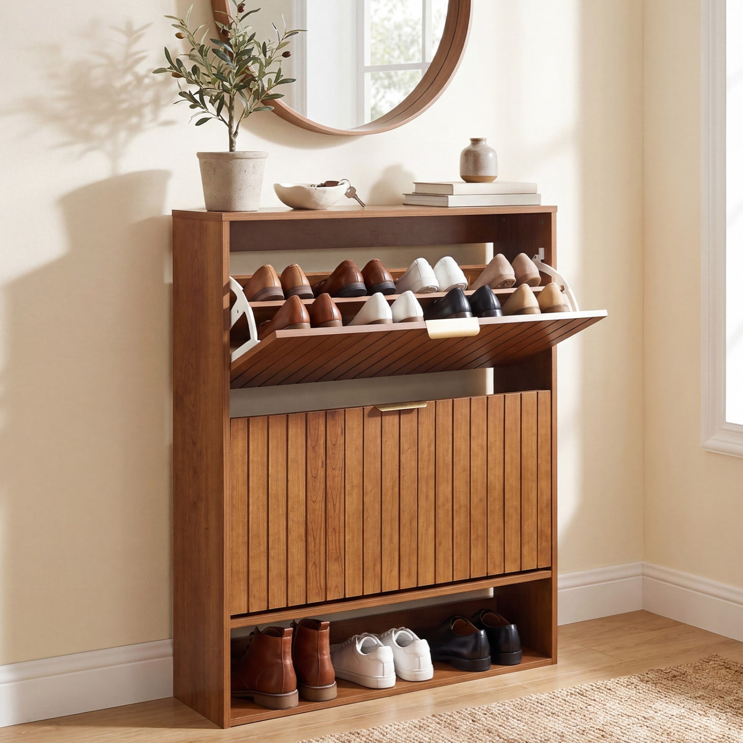 Walnut fluted hidden shoe cabinet with 2 flip drawers and open storage, modern entryway furniture by Wilsons Home Store