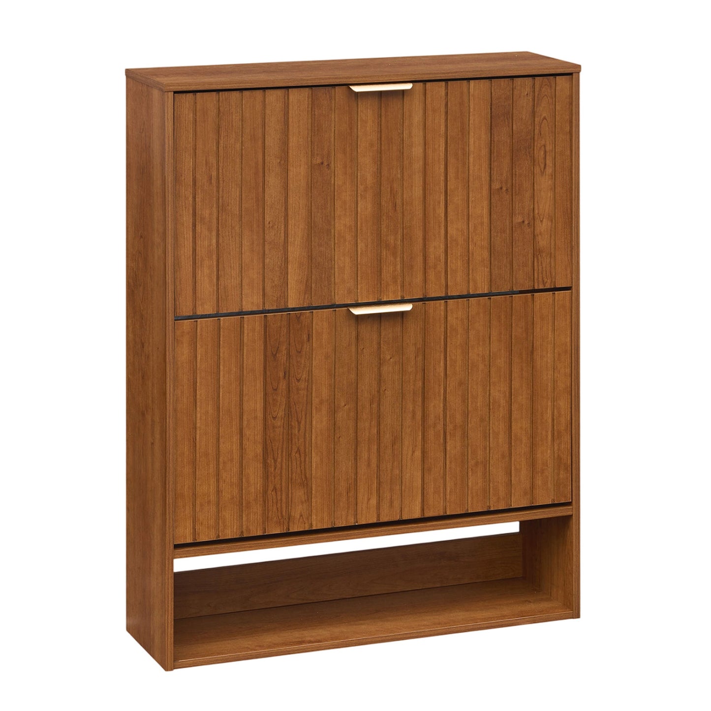 Walnut fluted hidden shoe cabinet with two flip drawers and open storage, perfect for entryway organization.