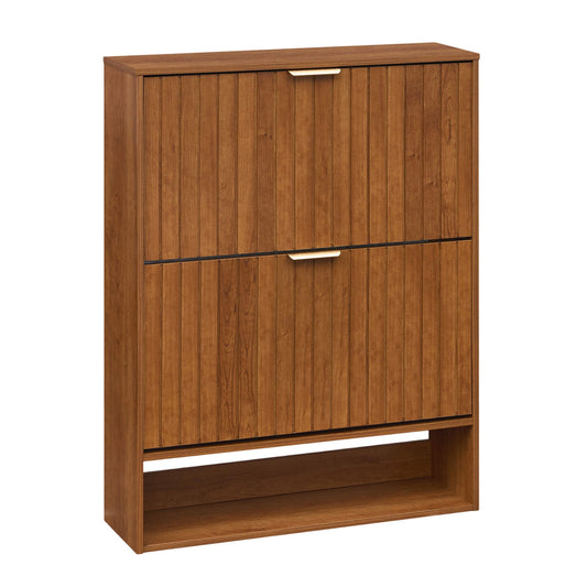 Walnut fluted hidden shoe cabinet with two flip drawers and open storage, perfect for entryway organization.