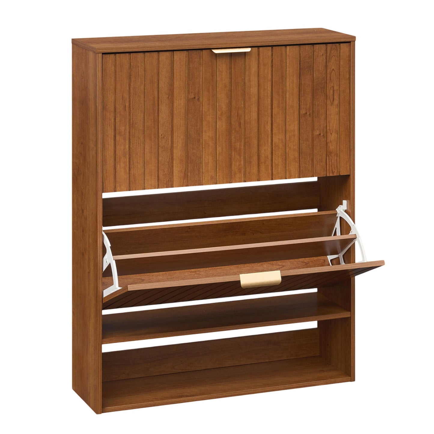 Walnut fluted hidden shoe cabinet with two flip drawers and open storage, designed for entryway organization.