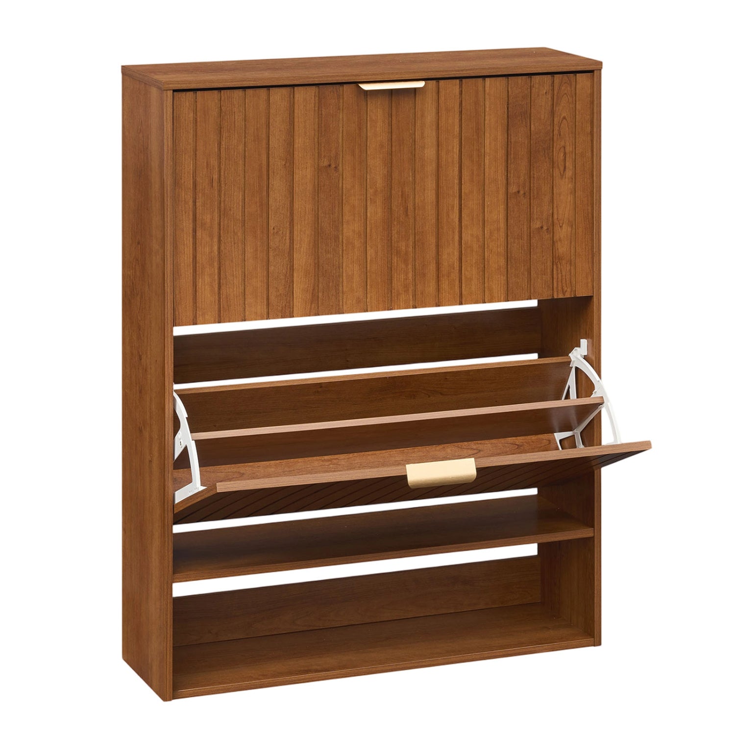 Walnut fluted hidden shoe cabinet with two flip drawers and open storage, designed for entryway organization.