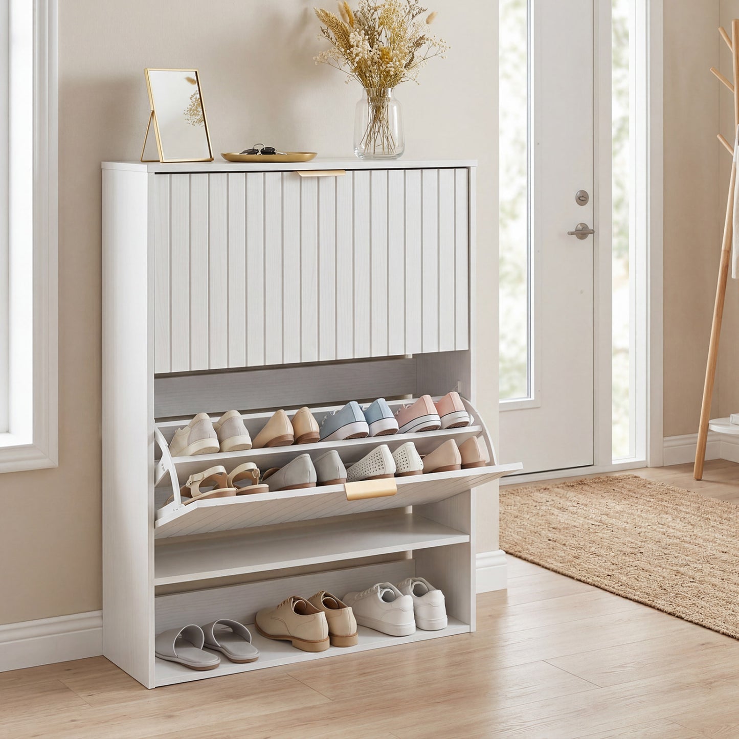 Walnut fluted hidden shoe cabinet with two flip drawers and open storage, designed for entryway organization.
