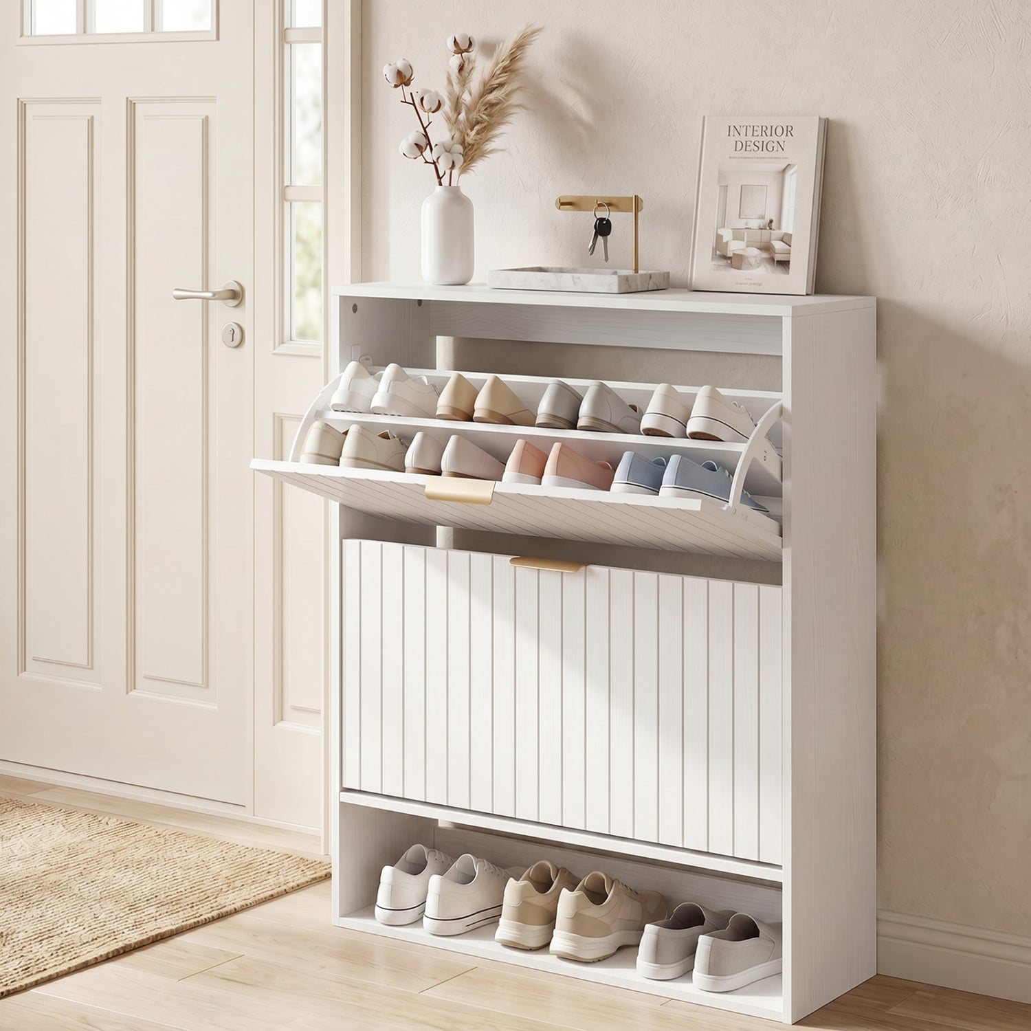 Walnut fluted hidden shoe cabinet with 2 flip drawers and open storage for entryway organization and shoe storage.