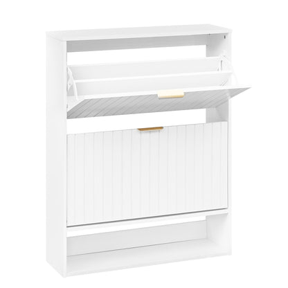 Walnut fluted hidden shoe cabinet with two flip drawers and open storage, designed for entryway organization.