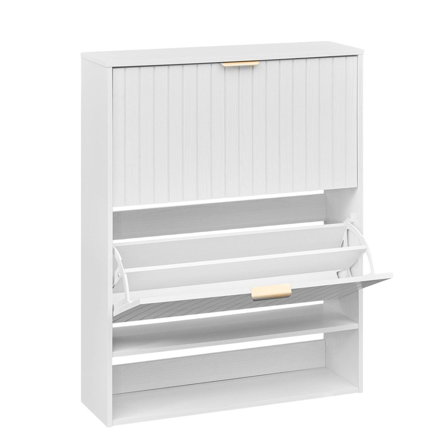 Walnut fluted hidden shoe cabinet with 2 flip drawers and open storage, stylish entryway shoe rack by Wilsons Home Store