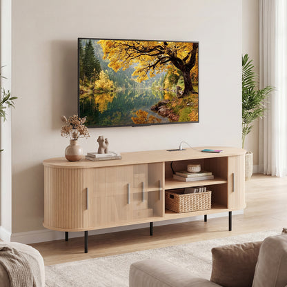 Fluted TV Stand for TVs up to 60" Mid Century Curved Entertainment Center-Natural