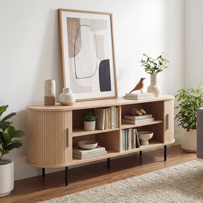 Fluted TV Stand for TVs up to 60" Mid Century Curved Entertainment Center-Natural