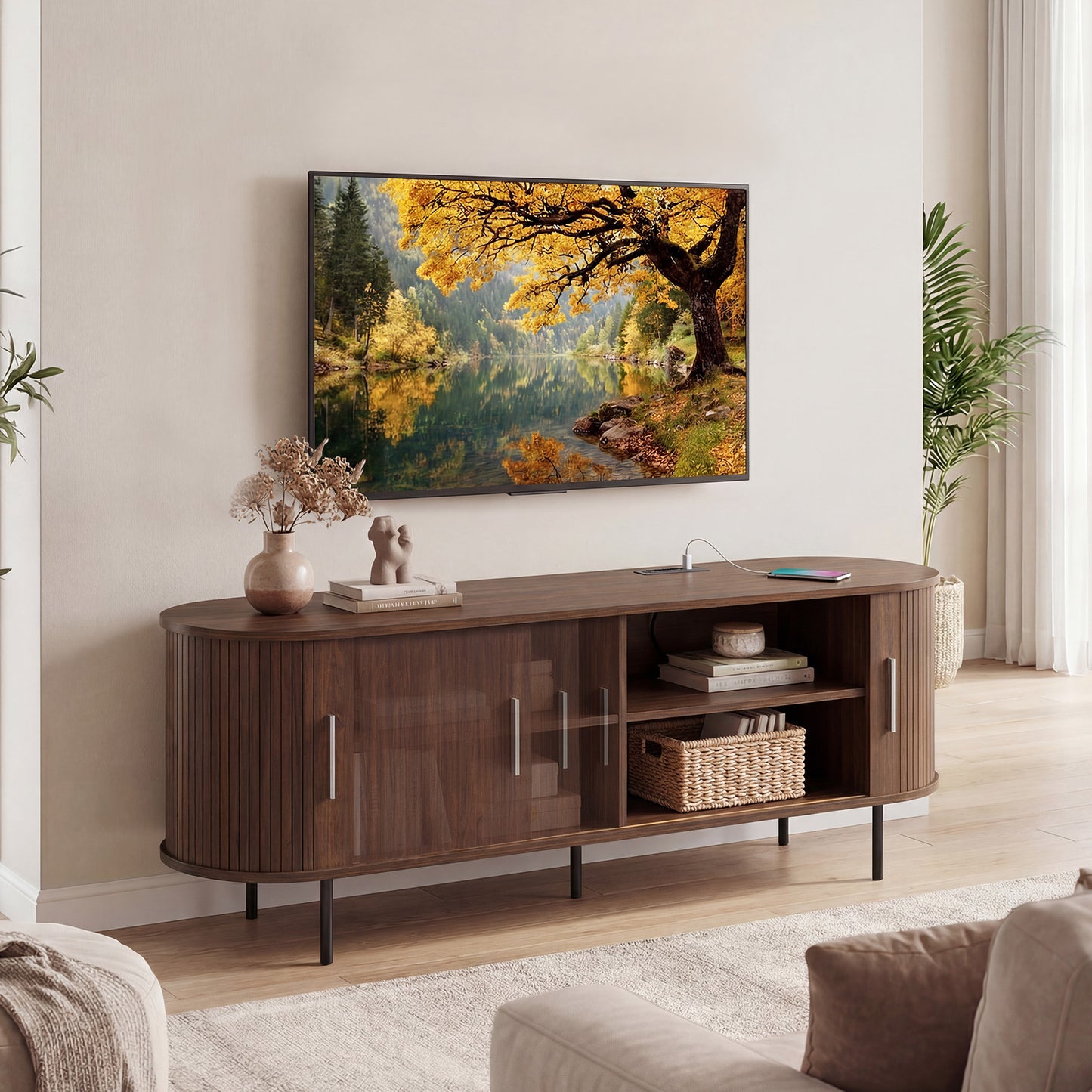 Fluted TV Stand for TVs up to 60" Mid Century Curved Entertainment Center-Natural