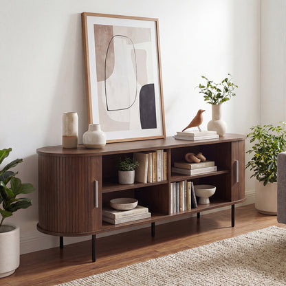 Fluted TV Stand for TVs up to 60" Mid Century Curved Entertainment Center-Natural