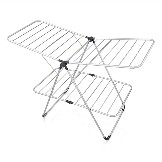 Foldable 2-tier clothes drying rack by Wilsons Home Store, heavy-duty aluminum and stainless steel laundry airer with multiple drying bars.
