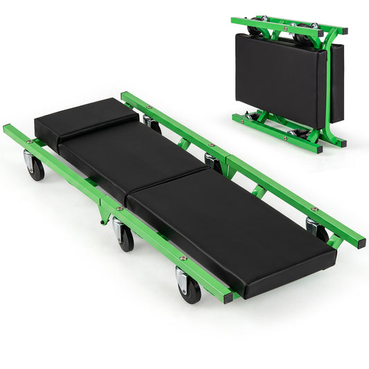 Green foldable automotive creeper with 360° swivel wheels, supports up to 330 lbs, ideal for garage repairs and maintenance.