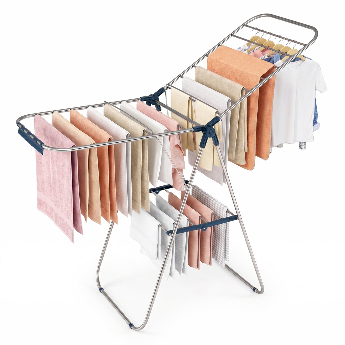 Foldable Clothes Drying Rack with Sock Clips Heavy-Duty Stainless Steel Frame-Blue