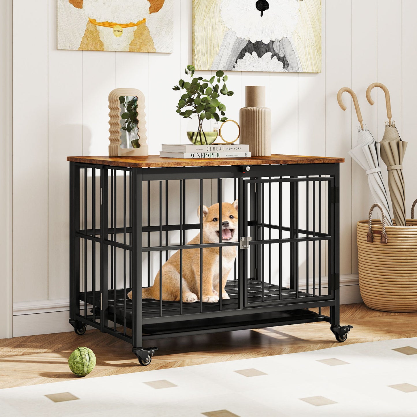 Foldable Dog Crate Furniture with Removable Tray and Lockable Door-S