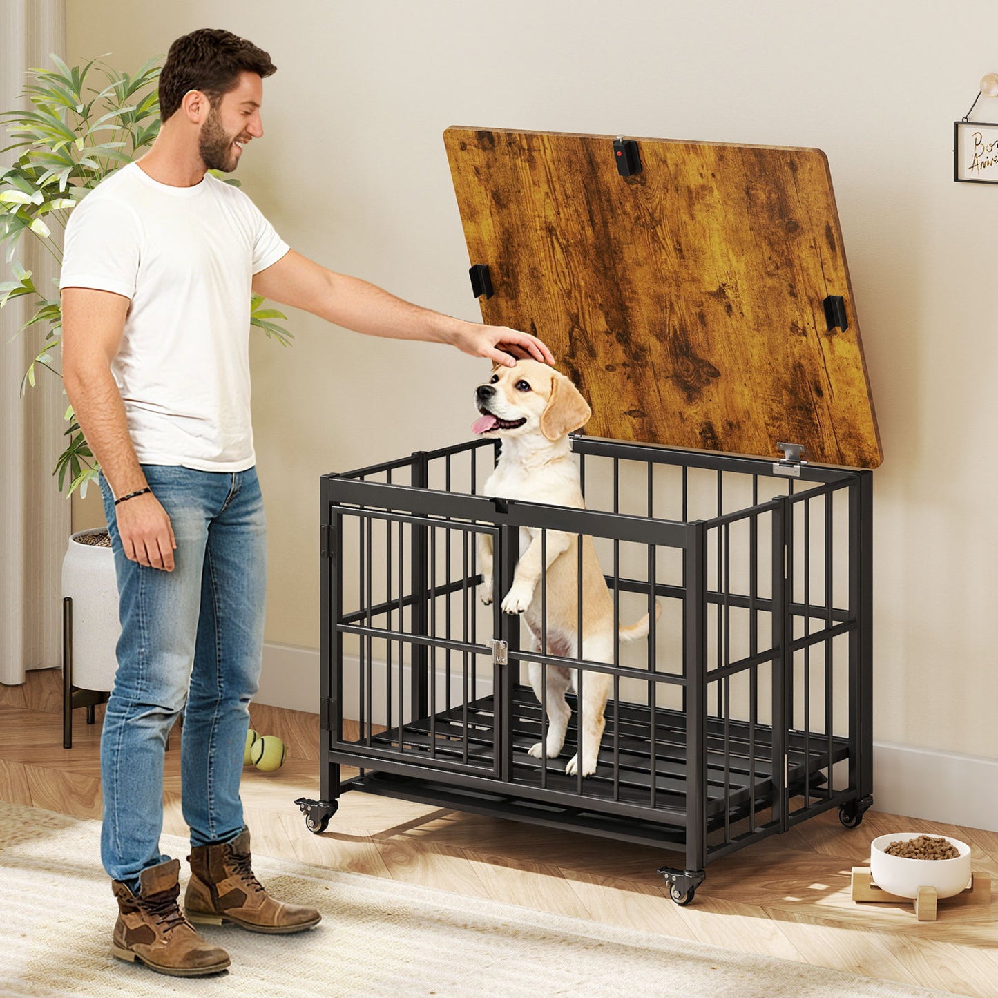 Foldable Dog Crate Furniture with Removable Tray and Lockable Door-S