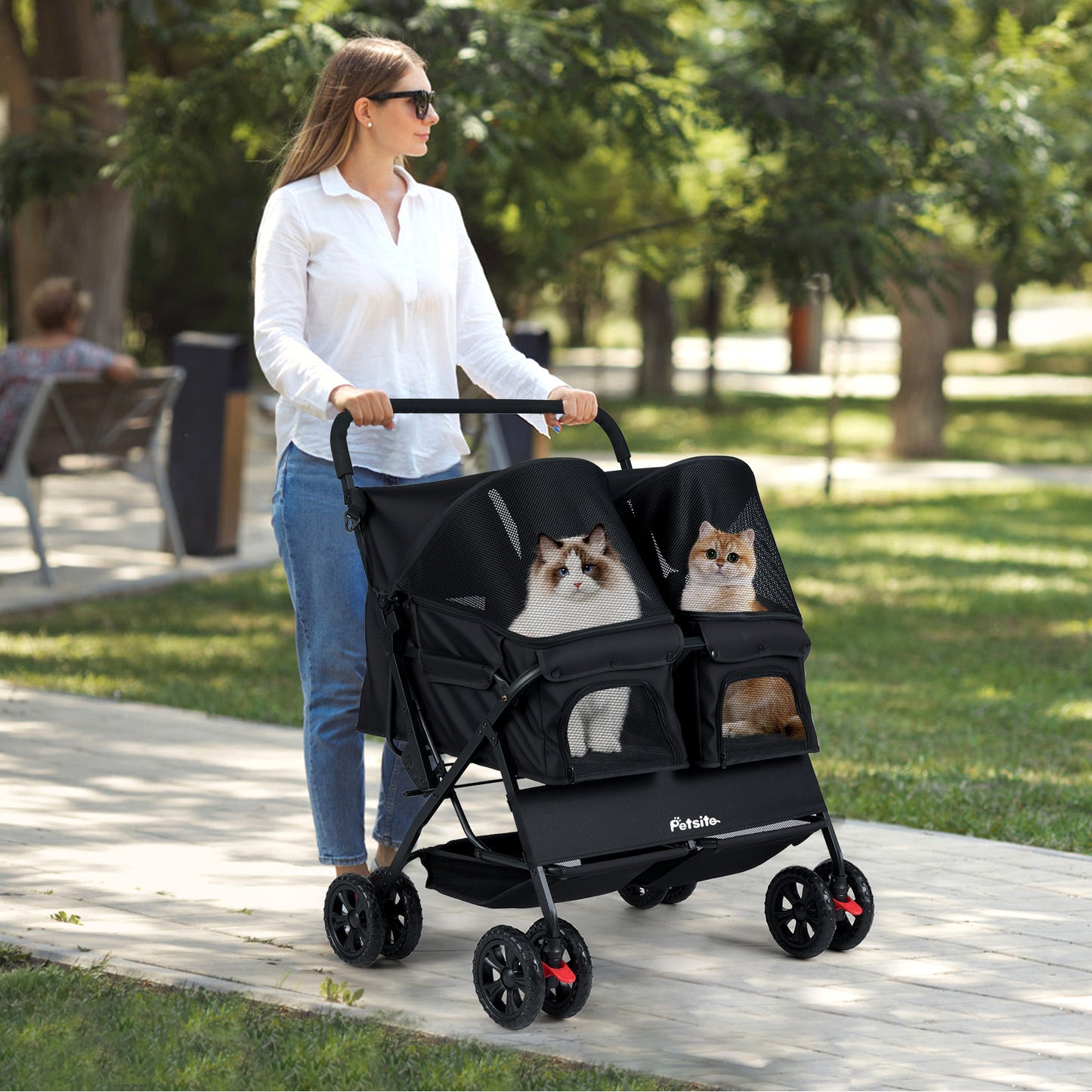Foldable Double Pet Stroller with Adjustable Sunshade and Storage Basket-Black