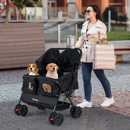 Foldable Double Pet Stroller with Adjustable Sunshade and Storage Basket-Black