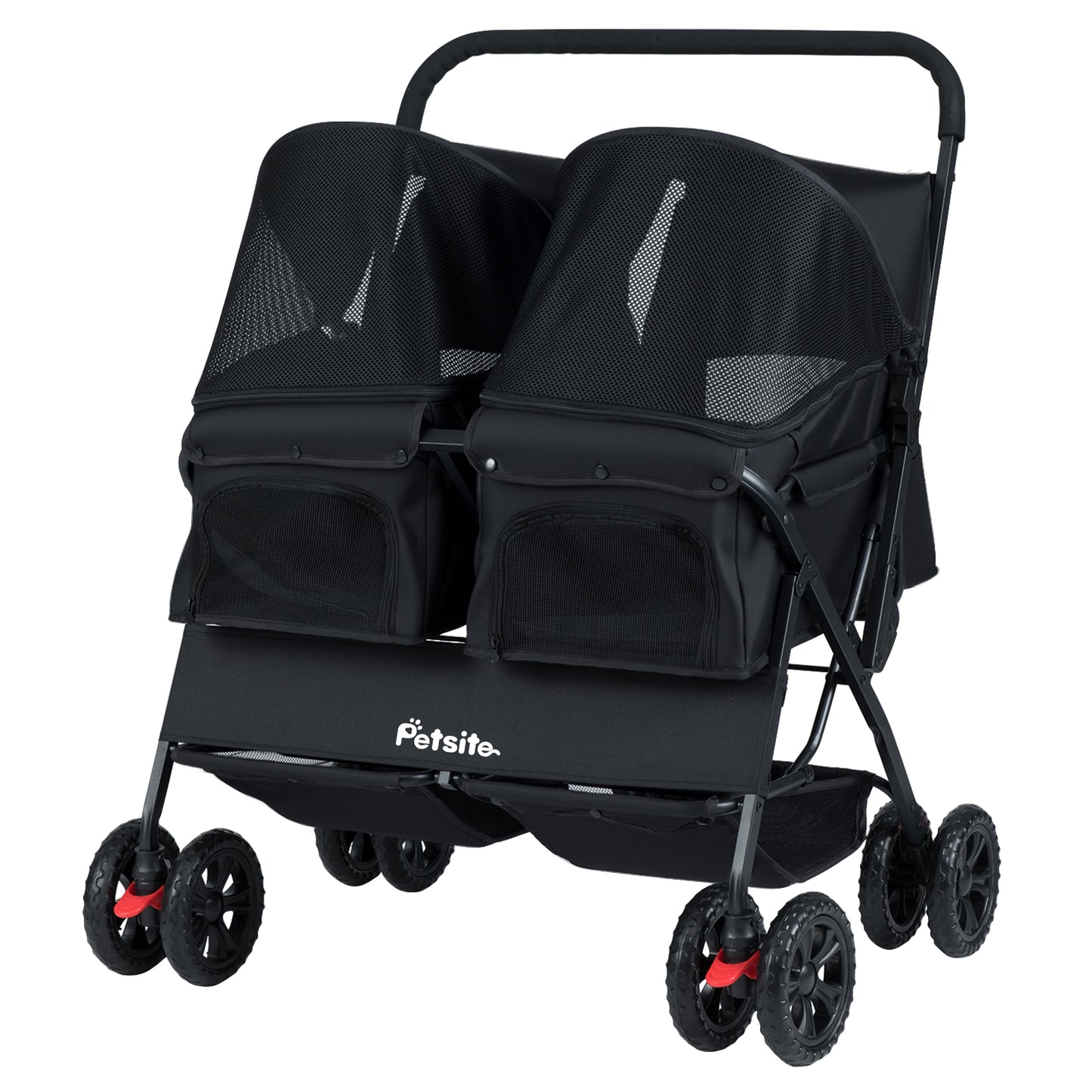 Foldable Double Pet Stroller with Adjustable Sunshade and Storage Basket-Black