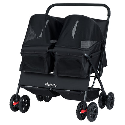 Foldable Double Pet Stroller with Adjustable Sunshade and Storage Basket-Black