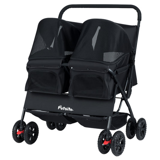 Foldable Double Pet Stroller with Adjustable Sunshade and Storage Basket-Black