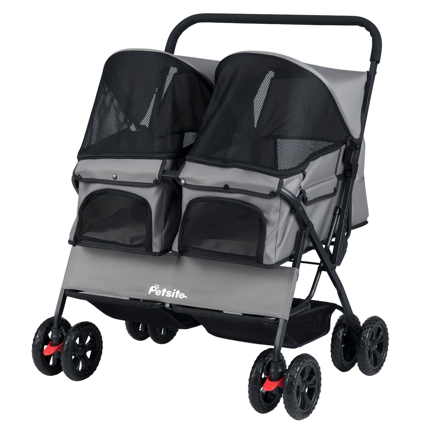 Foldable Double Pet Stroller with Adjustable Sunshade and Storage Basket-Black