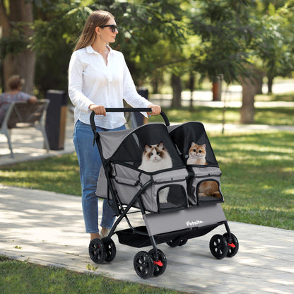 Foldable Double Pet Stroller with Adjustable Sunshade and Storage Basket-Black