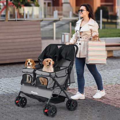 Foldable Double Pet Stroller with Adjustable Sunshade and Storage Basket-Black