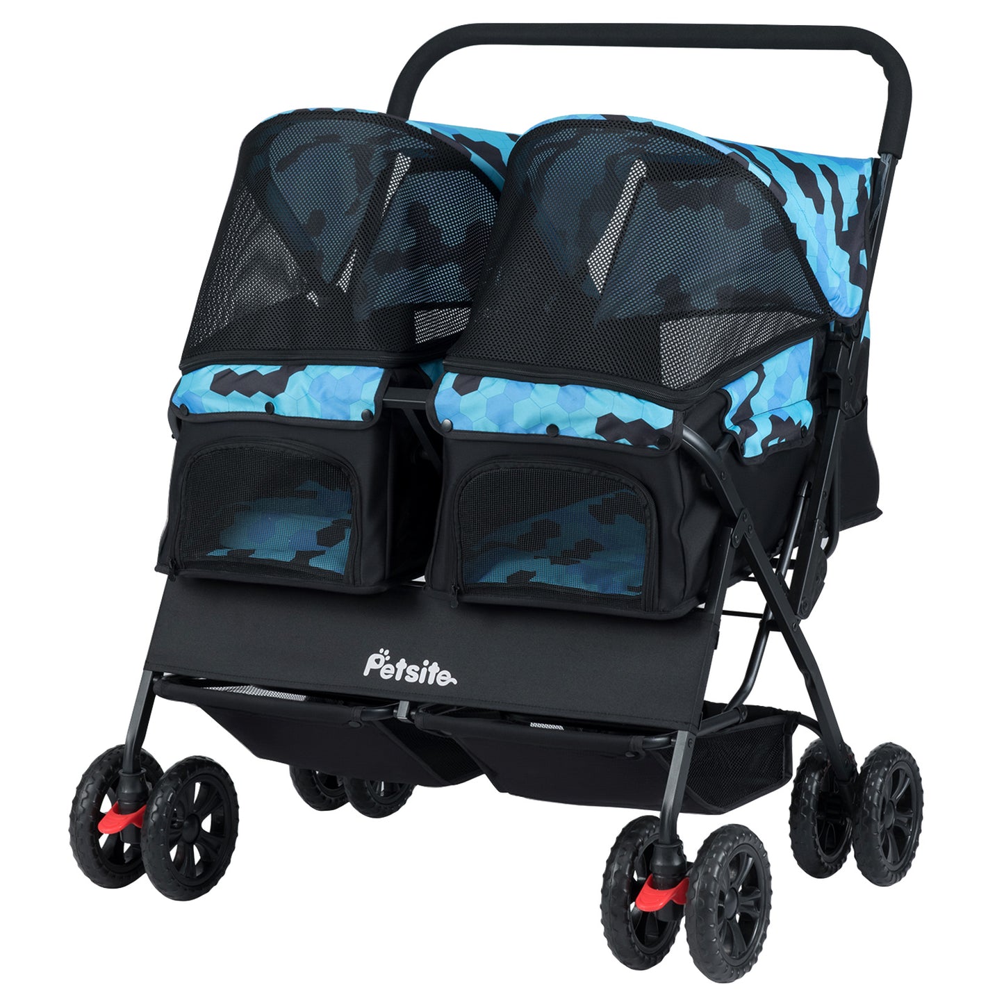 Foldable Double Pet Stroller with Adjustable Sunshade and Storage Basket-Black