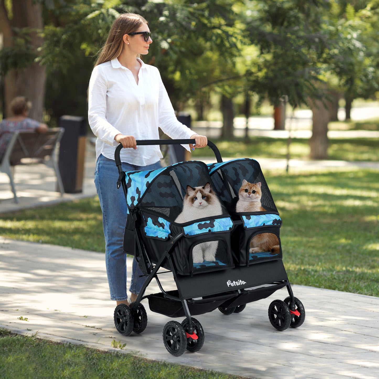 Foldable Double Pet Stroller with Adjustable Sunshade and Storage Basket-Black