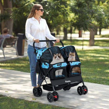Foldable Double Pet Stroller with Adjustable Sunshade and Storage Basket-Black