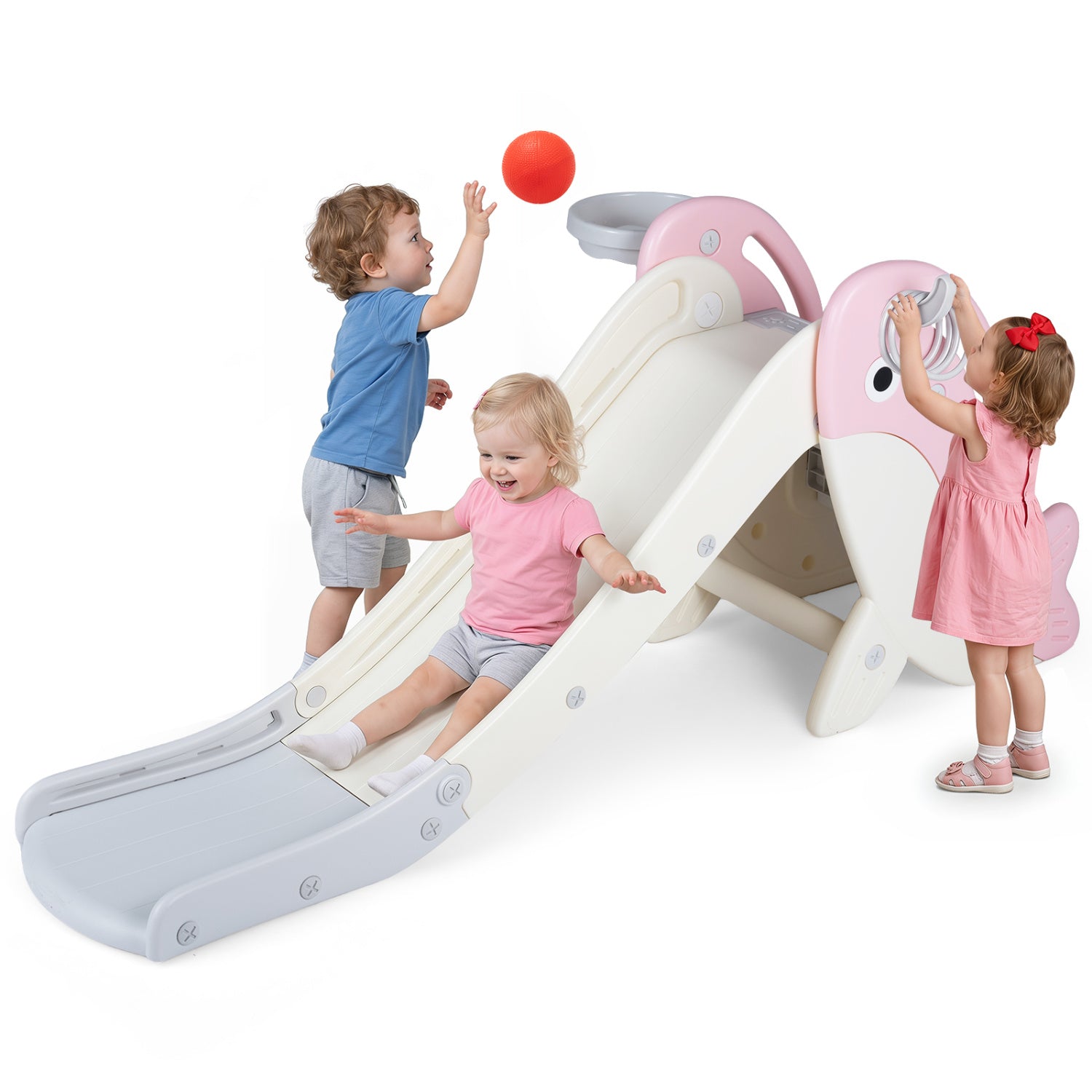 Pink foldable freestanding baby slide climber playset with basketball hoop for kids, ideal for indoor play and active fun.