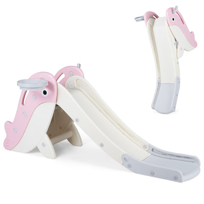 Pink foldable freestanding baby slide climber playset with basketball hoop for kids, ideal for indoor play and fun.