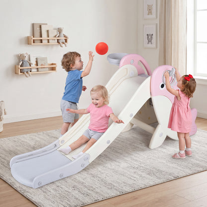 Pink foldable freestanding baby slide climber playset with basketball hoop for kids, suitable for indoor play.