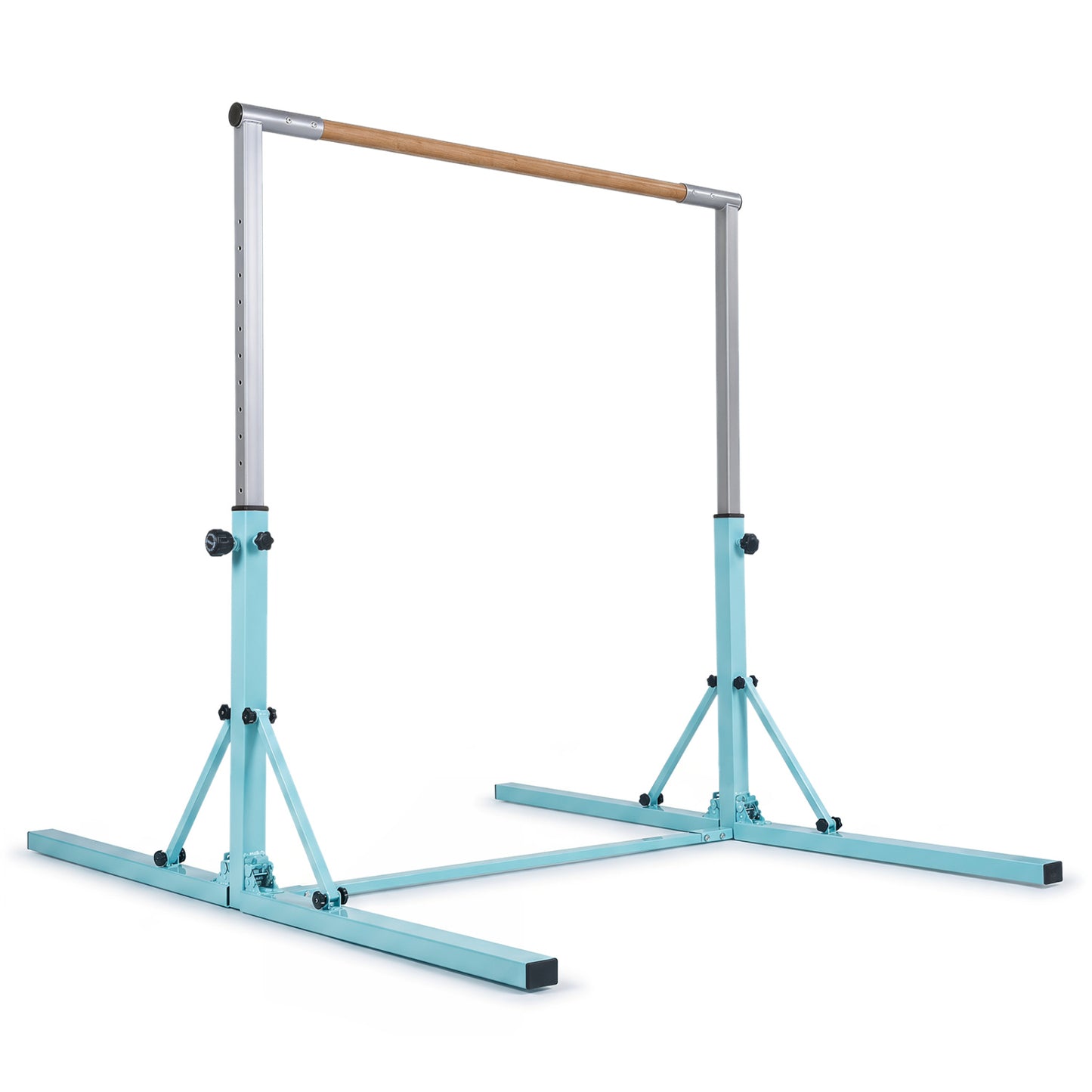 Blue foldable gymnastics bar for kids with 3 adjustable height levels, suitable for home sports and yoga activities.