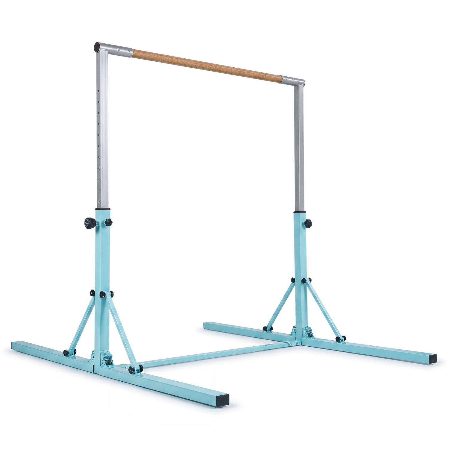 Blue foldable gymnastics bar for kids with 3 adjustable height levels, suitable for home sports and yoga activities.