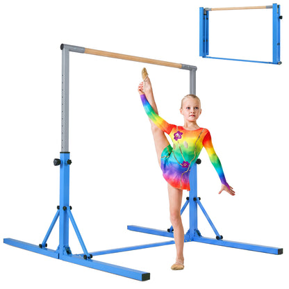 Blue foldable gymnastics bar for kids with 3 adjustable height levels, suitable for home fitness and gymnastics practice.
