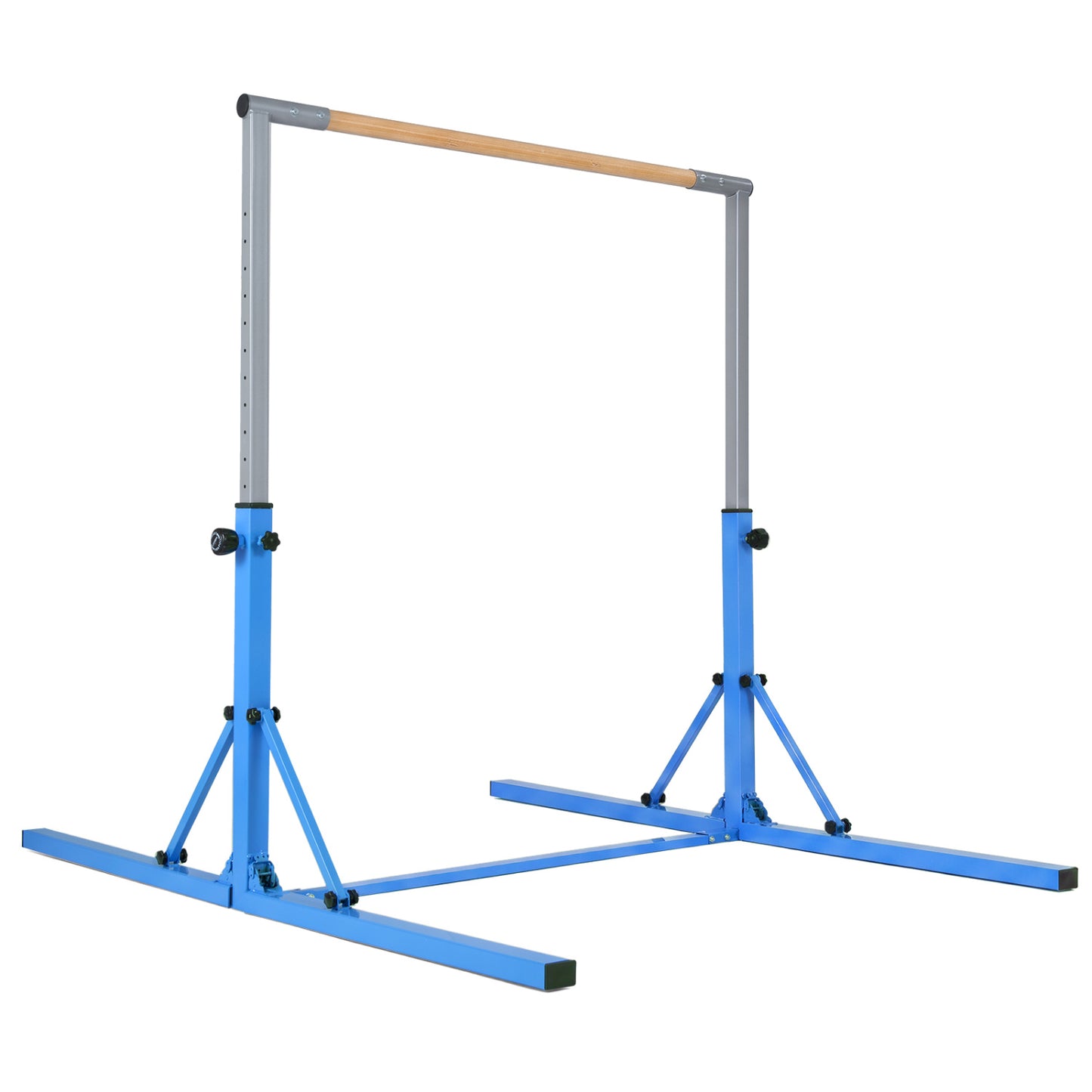 Foldable kids gymnastics bar with blue finish, adjustable to 3 heights, suitable for indoor sports and exercise.