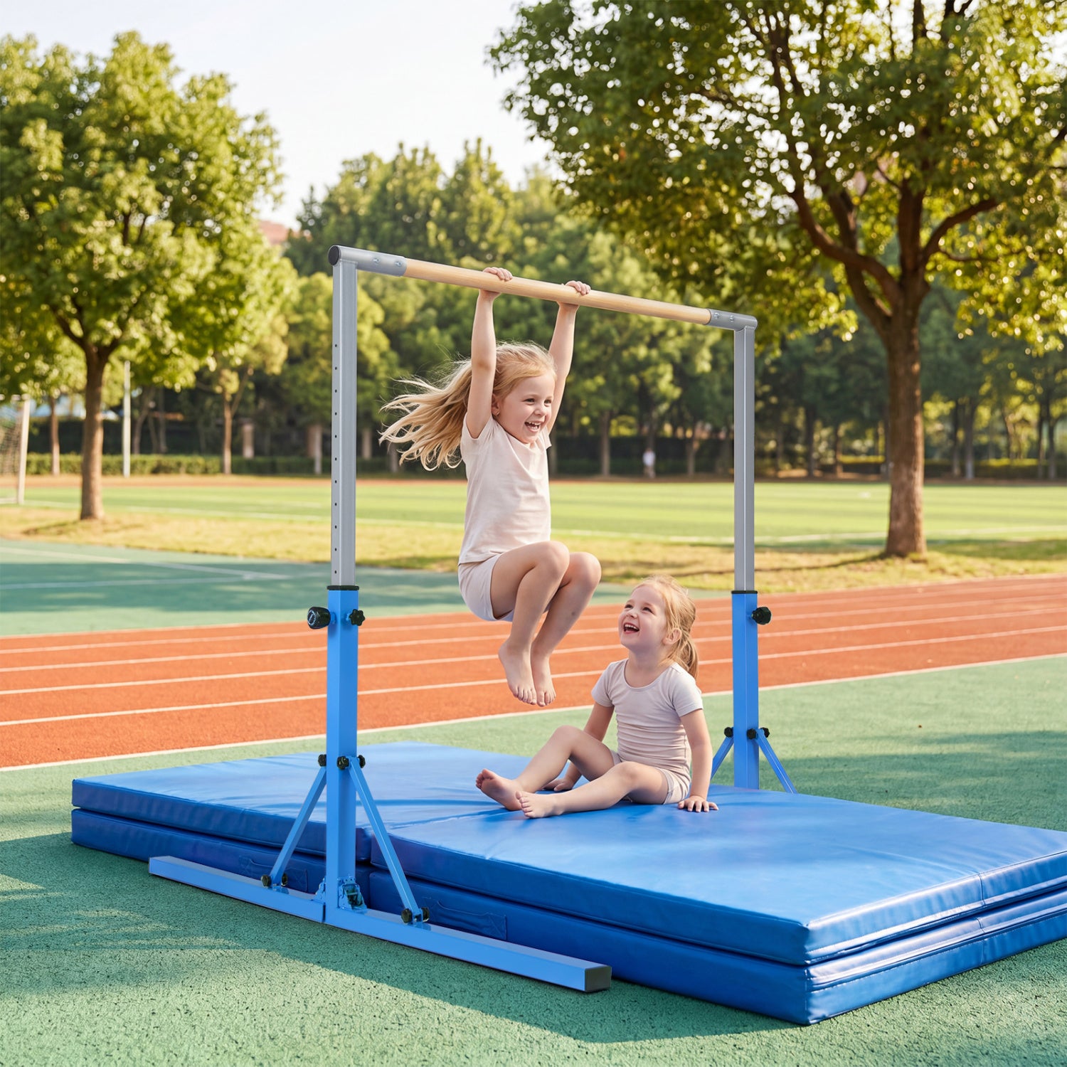 Blue foldable gymnastics bar for kids with 3 adjustable height levels, designed for safe and flexible indoor gymnastics practice.