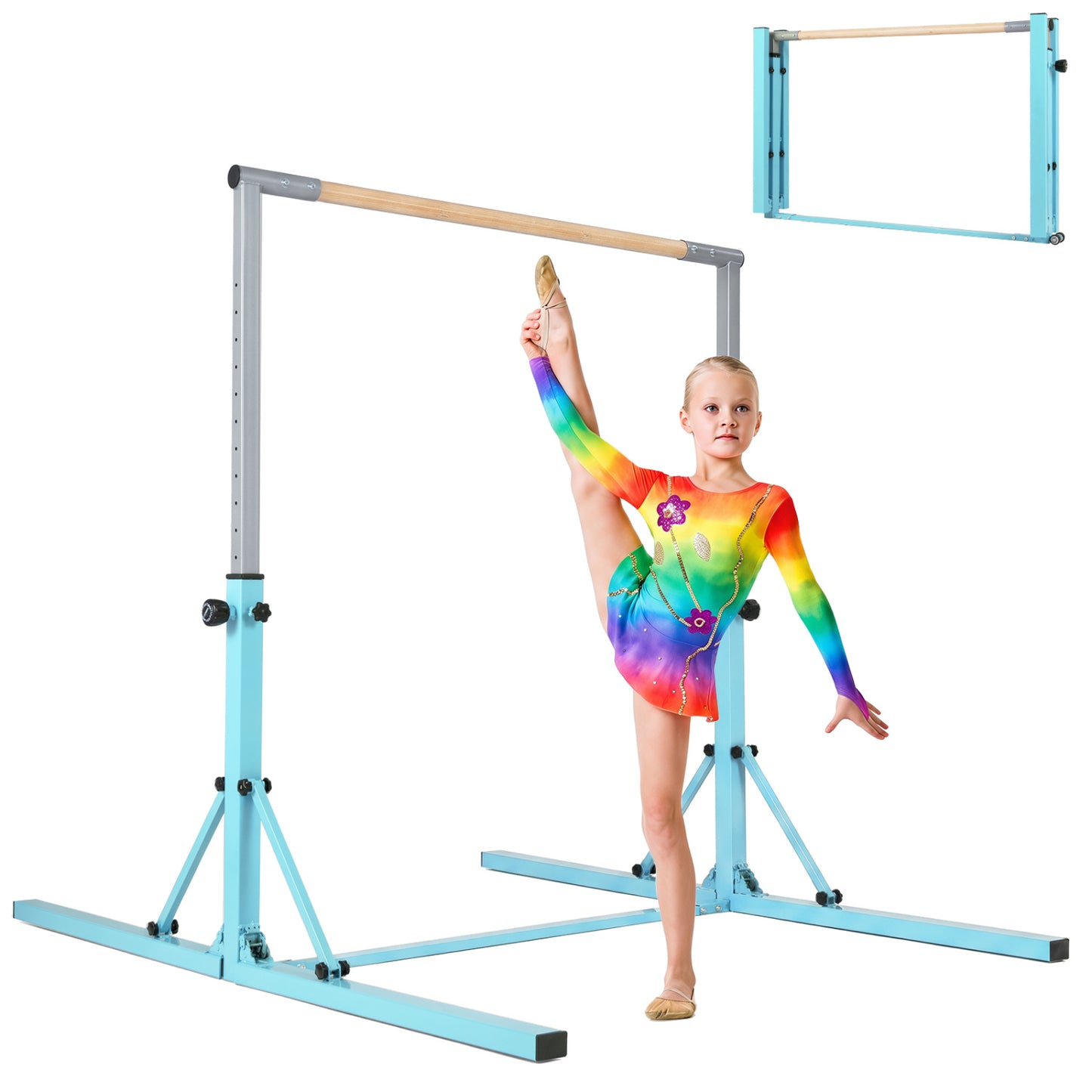 Blue foldable gymnastics bar for kids with 3 adjustable height levels, suitable for home exercise and gymnastics practice.