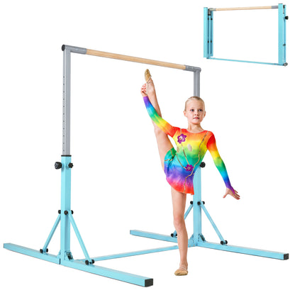 Blue foldable gymnastics bar for kids with 3 adjustable height levels, suitable for home exercise and gymnastics practice.