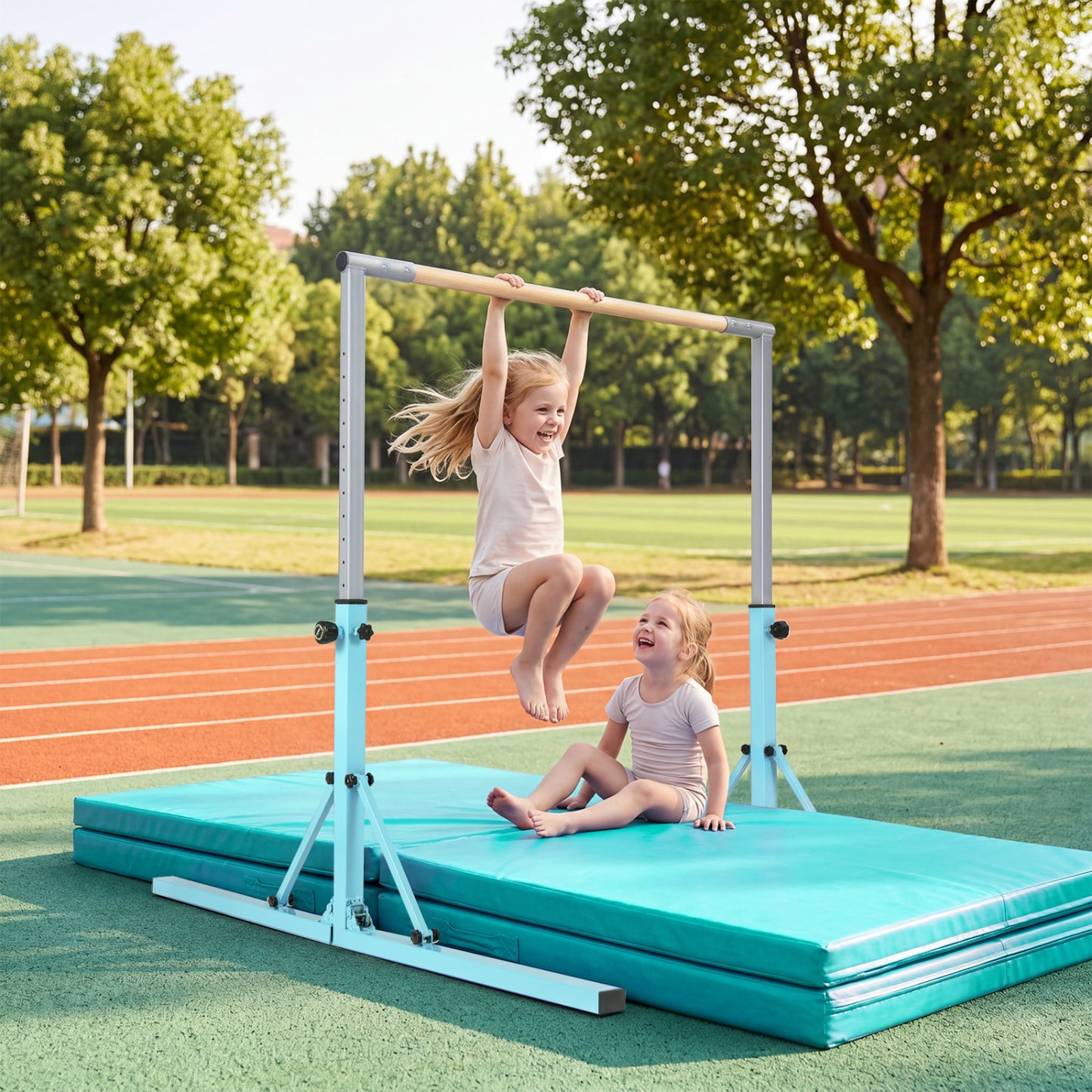 Blue foldable gymnastics bar for kids with 3 adjustable height levels, designed for safe and versatile gymnastics practice.