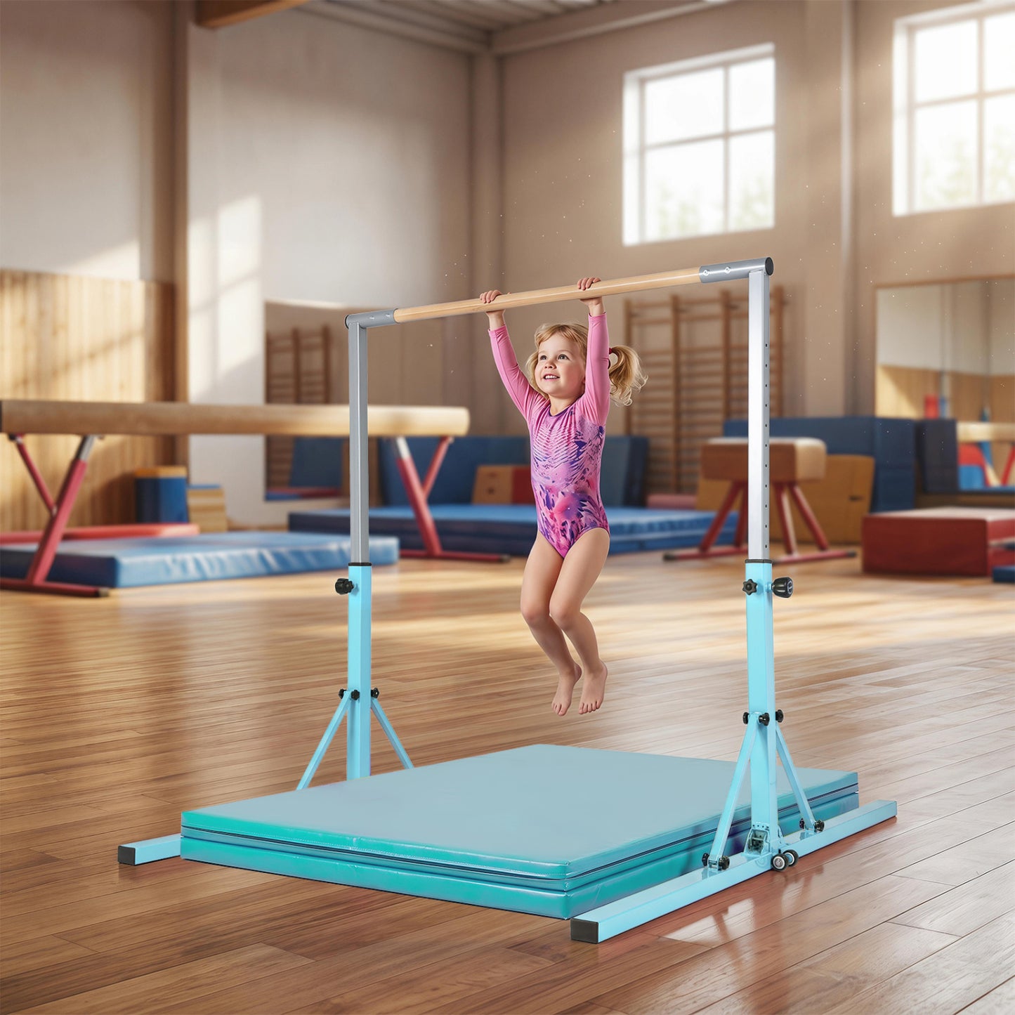 Blue foldable gymnastics bar for kids with 3 adjustable heights, featuring a sturdy frame and easy fold design for home use.