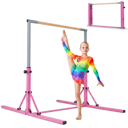 Blue foldable gymnastics bar for kids with 3 adjustable height levels, ideal for safe indoor gymnastics practice.