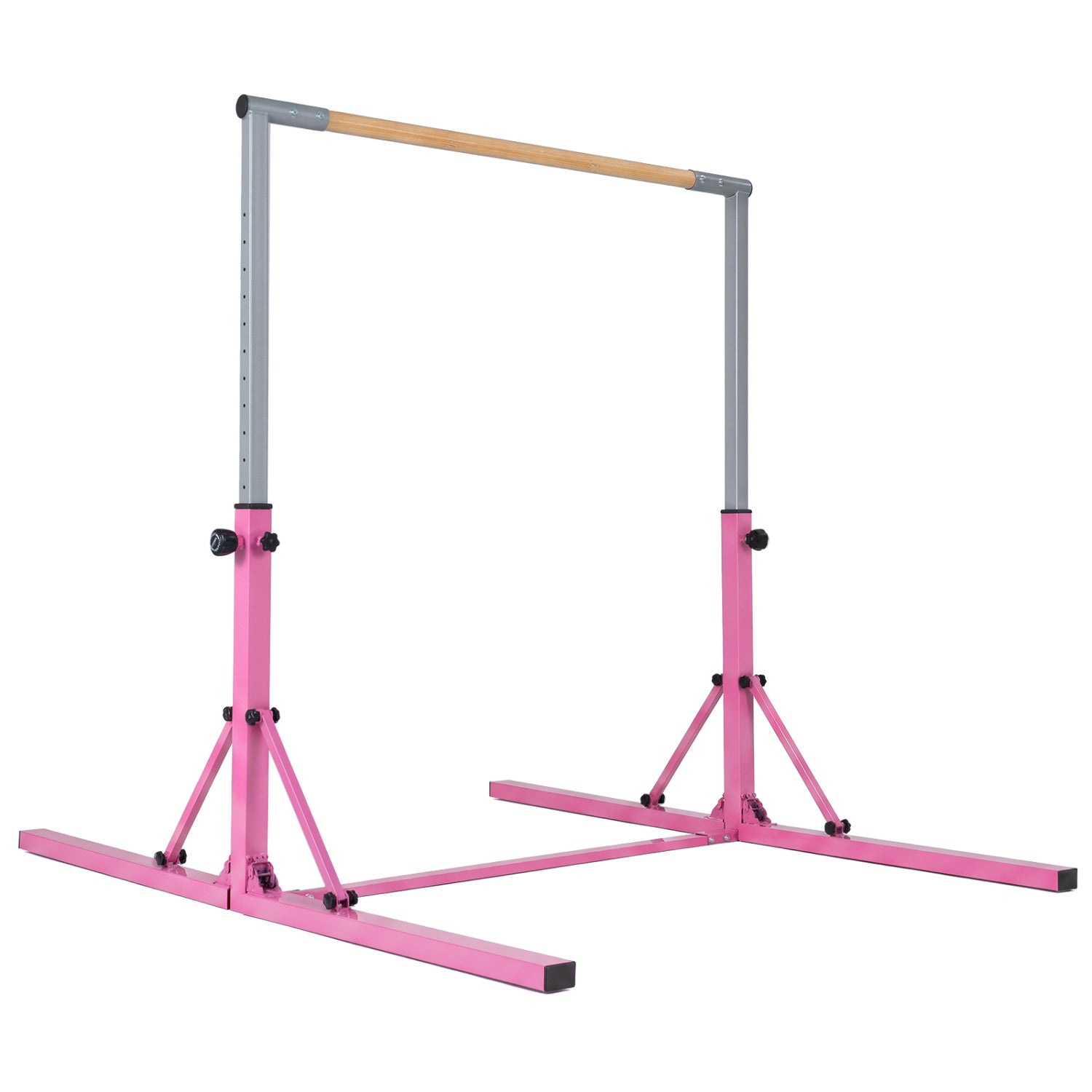Blue foldable gymnastics bar for kids with 3 adjustable heights, designed for safe, fun gymnastics practice.