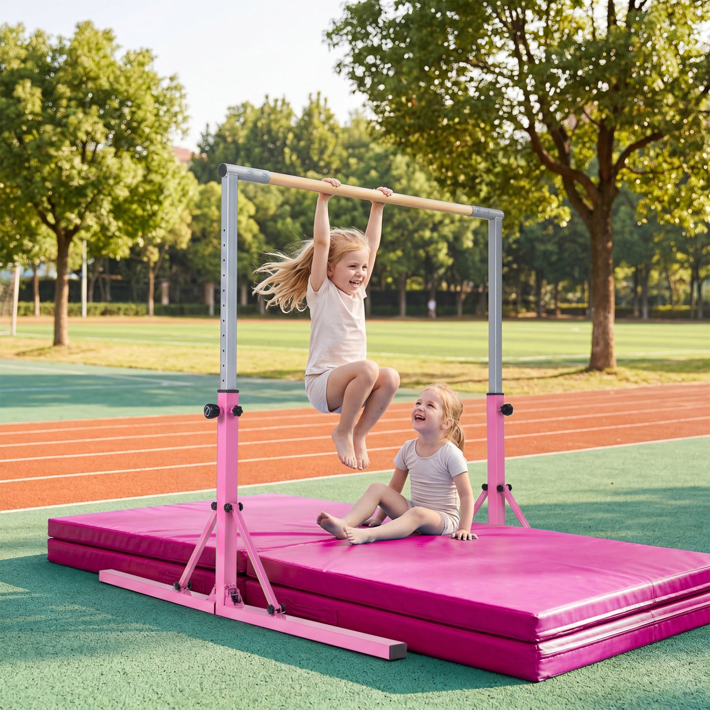 Blue foldable kids gymnastics bar with 3 adjustable height levels, designed for safe indoor sports and gymnastics practice.