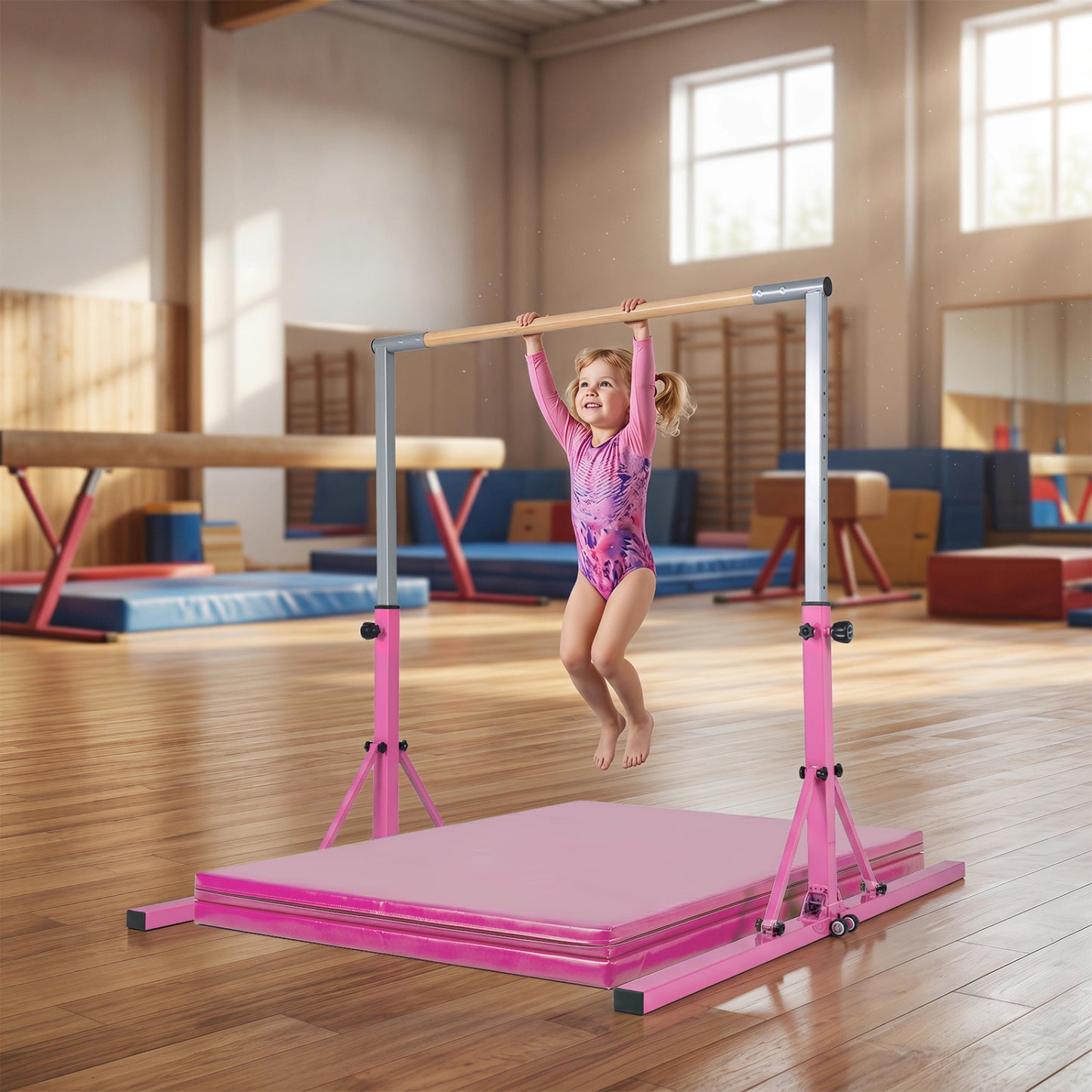 Blue foldable kids' gymnastics bar with 3 adjustable height levels, suitable for indoor sports and gymnastics training.