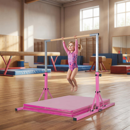 Blue foldable kids' gymnastics bar with 3 adjustable height levels, suitable for indoor sports and gymnastics training.